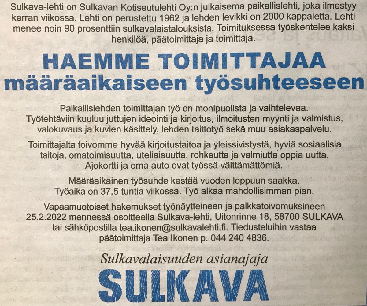 Rekryvinkki: Ilmastotietoinen #Sulkava-lehti hakee toimittajaa. Uskomme, että paikallislehdillä on tärkeä rooli #ilmastotiedon jalkauttamisessa, ja siksi meillä on tekeillä myös #ilmastostrategia. Liity joukkoon! #paikallislehdet #ilmastouutisointi #ilmastonmuutos #journalismi