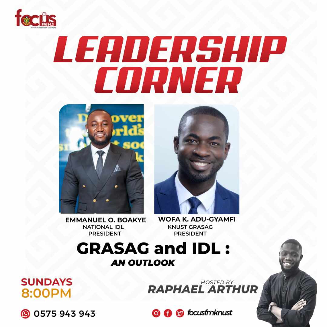 President_OB's tweet photo. Catch me live on Focus FM 94.3MHz as we discuss the outlook of GRASAG-KNUST and KNUST-IDL on Leadership Corner; Hosted by KNUST's versatile journalist, Raphael Arthur.

Doing this with my brother H.E Wofa K. Adu-Gyamfi, GRASAG-KNUST President. 

#LeadershipCorner | #KNUST https://t.co/OeGtKTT4Th
