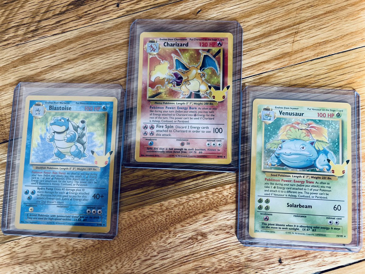 OfficialBLD's tweet photo. My Celebrations 25th anniversary edition cards! #charizard #blastoice #venusaur #mint https://t.co/RecAIYLhyd