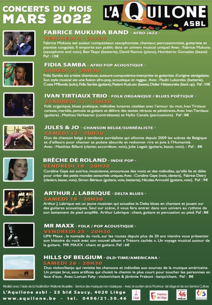 LAquiloneasbl's tweet photo. Les concerts du mois de mars à L’Aquilone https://t.co/86wxhi7vr0