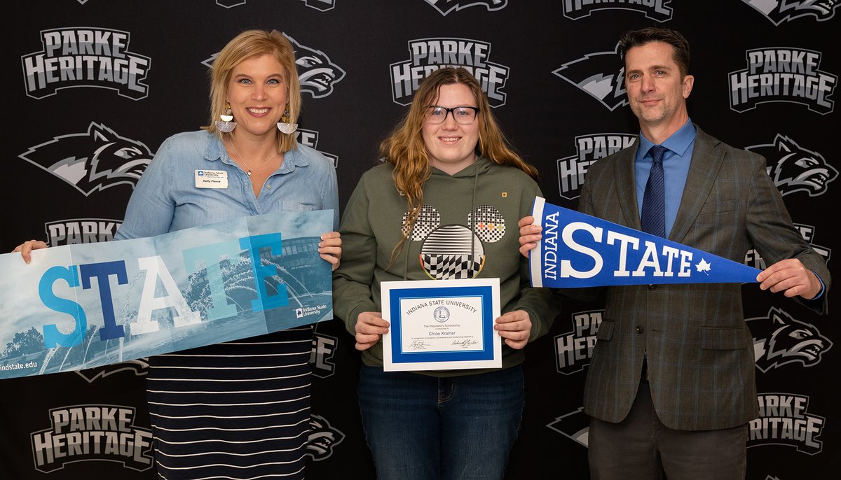 indianastate's tweet photo. Congratulations to Chloe Kramer, of @ParkeHeritageHS, on receiving Indiana State's top academic scholarship, the President's Scholarship! It covers four years' in-state tuition, on-campus housing and board. Great work, Chloe! #IndState #Fall2022 #Sycamore2026 #collegescholarships https://t.co/W4VciBOBJL