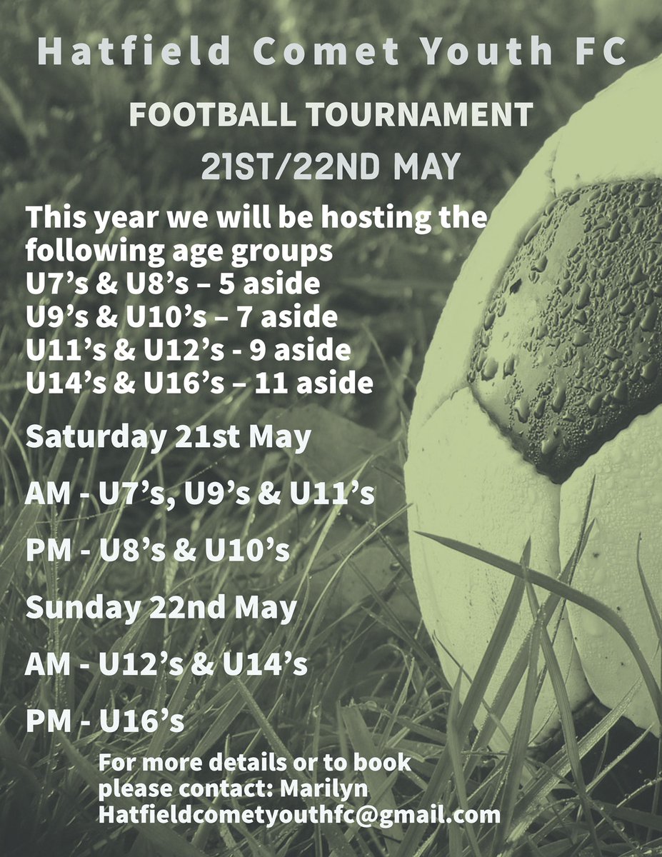 comet_youth's tweet photo. We are currently organizing our yearly tournament, We only have 6 teams in each age group.
We gave our tournament on team ability.

If you are interested please email with your team name and also the league &amp; Division that you are in. https://t.co/02aczAYrSj