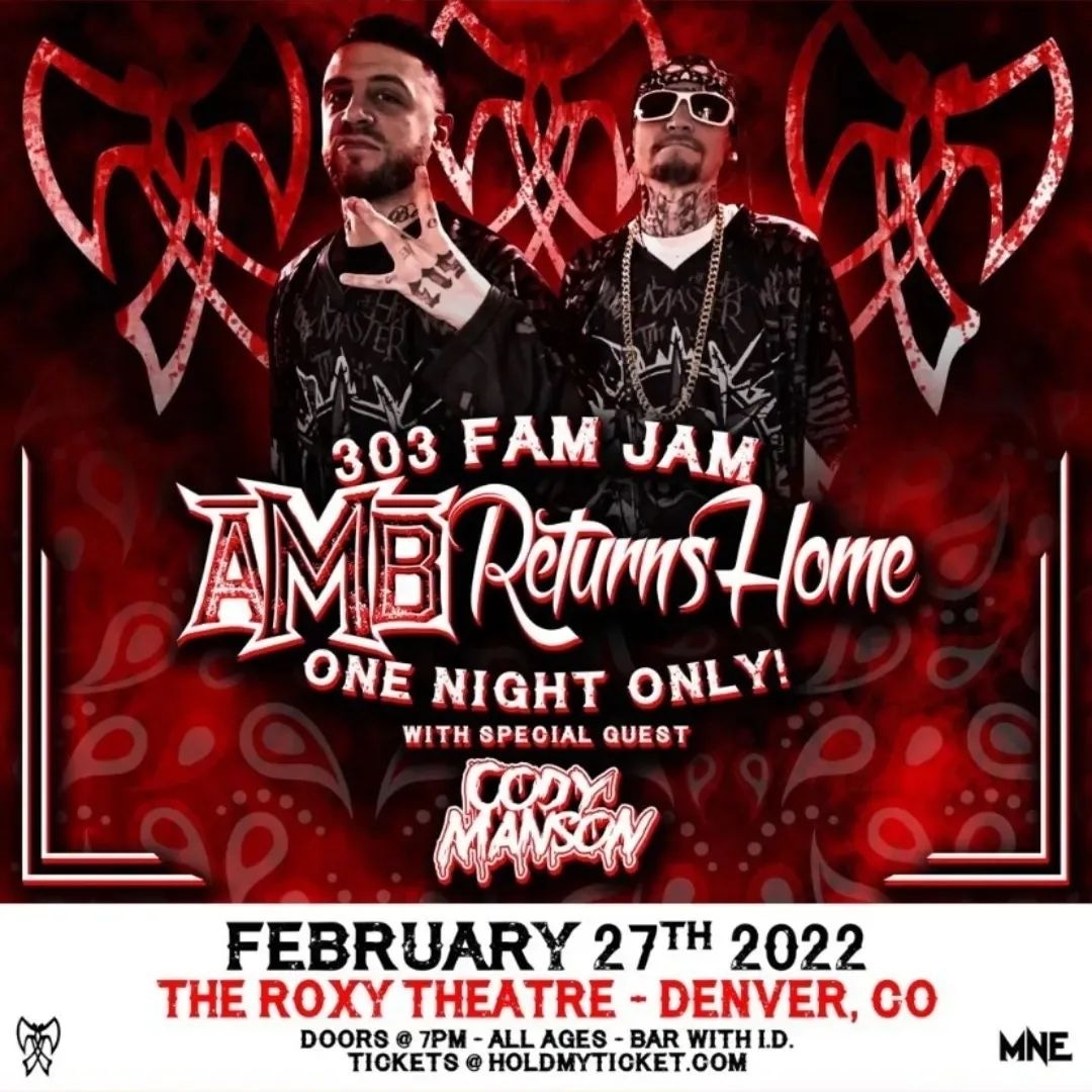 NEXT SUNDAY, February 27th, @AxeMurderBoyz LIVE in Denver for one night only at @TheRoxyDenver! With special guests @codymanson7, @SCUM412, @insanepoetry, @iAmHexRated, @JDirty303 AND MORE! Tickets on sale now! 👇 tickets.holdmyticket.com/tickets/387775… #AxeMurderBoyz #JamesGarcia #BonezDubb