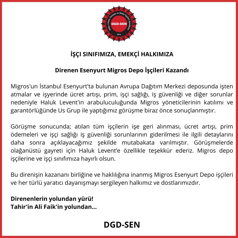 DGDSEN's tweet image. #MigrosİşçisiKazandı | Bu direnişin kazananı birliğine ve haklılığına inanmış Migros Esenyurt depo işçileri ve her türlü yaratıcı dayanışmayı sergileyen halkımız ve dostlarımızdır.

Direnenlerin yolundan yürü!
Tahir’in, Ali Faik’in yolundan…