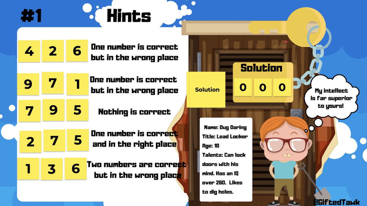 DOOR DARERS Crack the Code (Beginners) Jamboard is now available on my Linktr.ee/GiftedTawk. There are 2 different versions available: One with numbers and solutions; the other is a blank for your students to fill in their own numbers based on my hints. Enjoy!