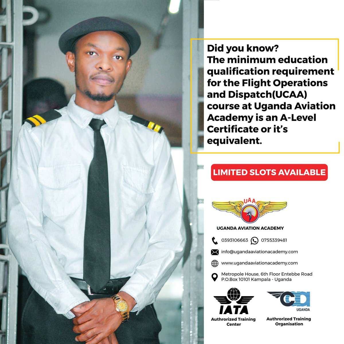 ugaviationsch's tweet photo. Did you know?
The minimum education qualification requirement for Flight Operations and Dispatch(UCAA) course at Uganda Aviation Academy is an A-Level Certificate or it’s equivalent.

REGISTER NOW! Or Whatsapp us on +256 755339481 for assistance. #uaa #applynow #Feb2022intake https://t.co/Ka6VCkhbfL