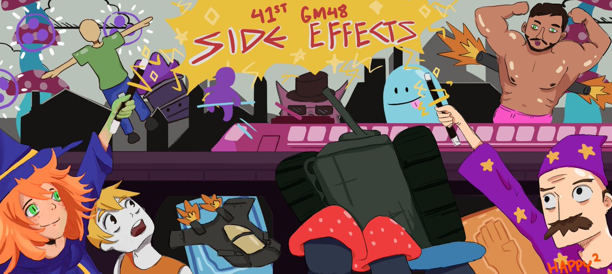 happysquaredOW's tweet image. Reposting this because I messed up tagging people in the other one. Finished commission for the 41st #GM48 ! Theme was "Side Effects". Commissioned by @tehwave featuring top 10 games and 3 of his choice. Check out the games and their devs below 👇