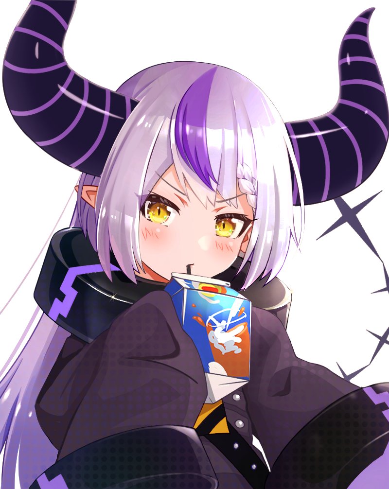 la+ darknesss 1girl solo purple hair horns streaked hair sleeves past wrists yellow eyes  illustration images