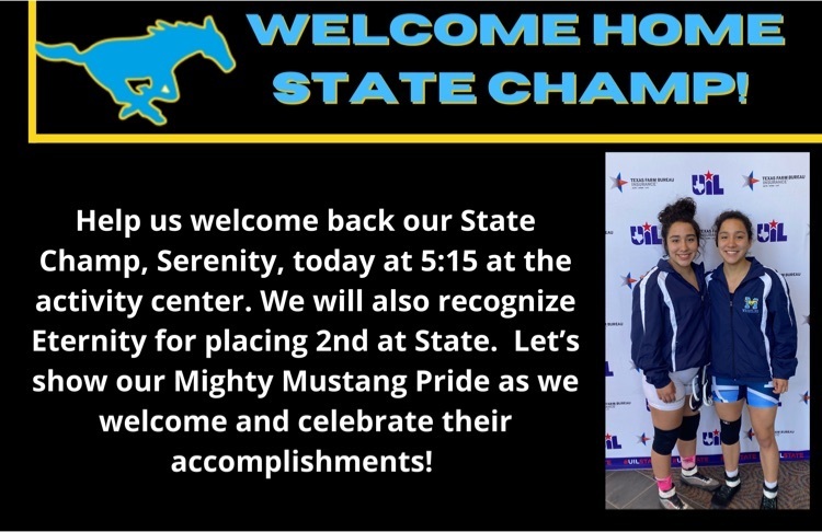 We are having a welcome back celebration in honor of our STATE Wrestling Champion Serenity de la Garza today at 5:30pm. Serenity is Memorial 1st state champion in wrestling. Join us today at 5:15pm at the activity center as we welcome her &amp; Eternity who placed 2nd at State.