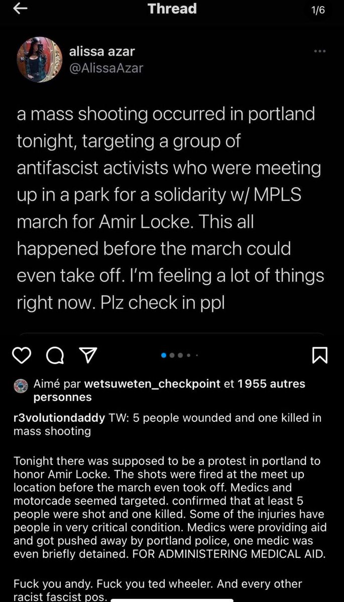 AIM_fra's tweet image. 💥 Attaque meurtrière sur un rassemblement #antifasciste à #Portland
/
🔍Un homme a tiré sur le rassemblement, réclamant justice pour la victime d'un meurtre policier, tuant 1 pers et blessant 5

Les jours précédents, un prédicateur d'extrême-droite tenait des propos incendiaires