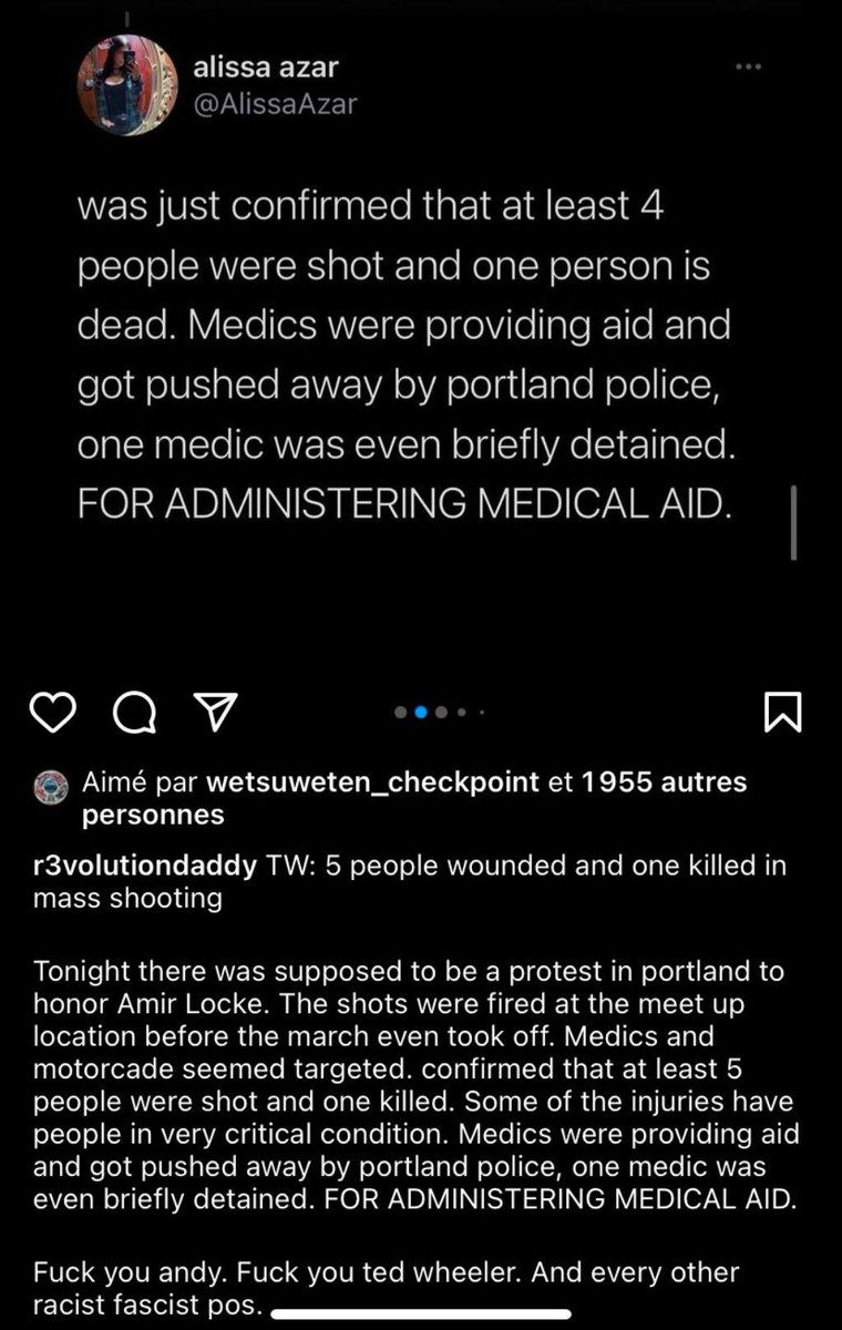 AIM_fra's tweet image. 💥 Attaque meurtrière sur un rassemblement #antifasciste à #Portland
/
🔍Un homme a tiré sur le rassemblement, réclamant justice pour la victime d'un meurtre policier, tuant 1 pers et blessant 5

Les jours précédents, un prédicateur d'extrême-droite tenait des propos incendiaires