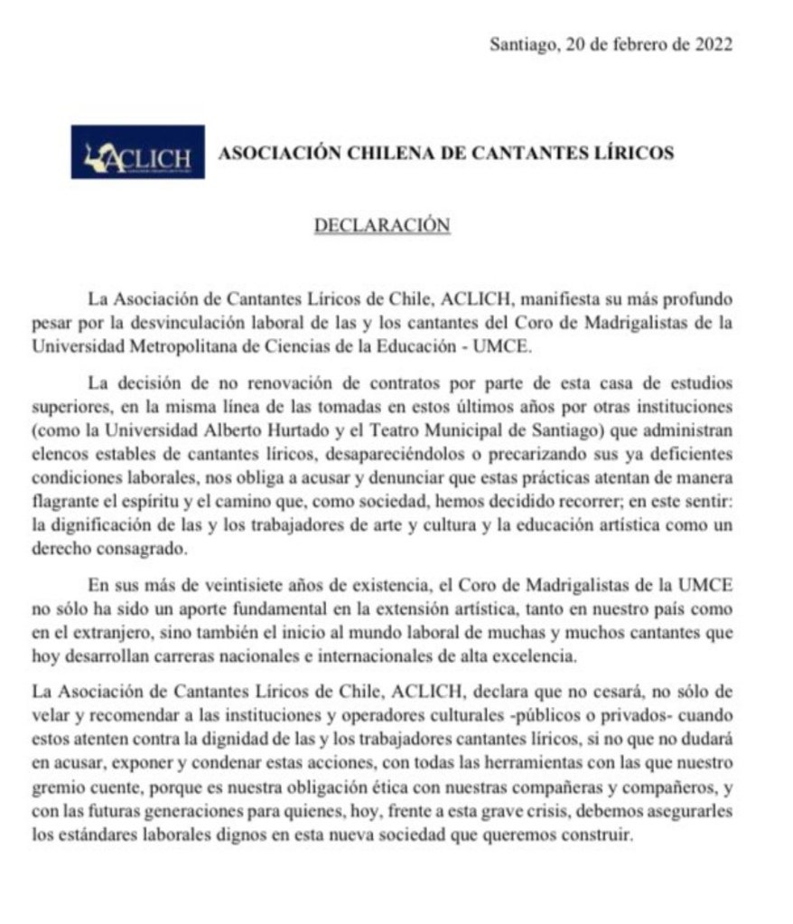 Declaración Pública de ACLICH  ante los despidos de las y los Cantantes Líricos, y con esto la desaparición del Coro Madrigalista de la <a href="/umcecl/">UMCE</a>.