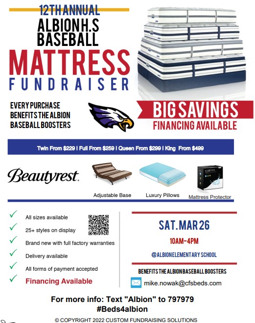 Need a new Mattress? Now's your chance to save money and help support the Albion H.S baseball boosters. 
#beds4albion