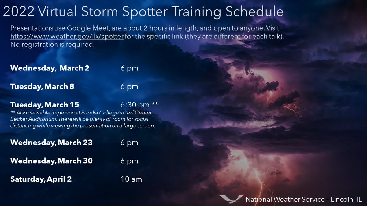 Storm spotter training is just around the corner! We'll be doing our training sessions virtually again this year. Here's a look at our schedule for the spring. We'll use Google Meet, so there is no pre-registration needed, and no cost. #ILwx