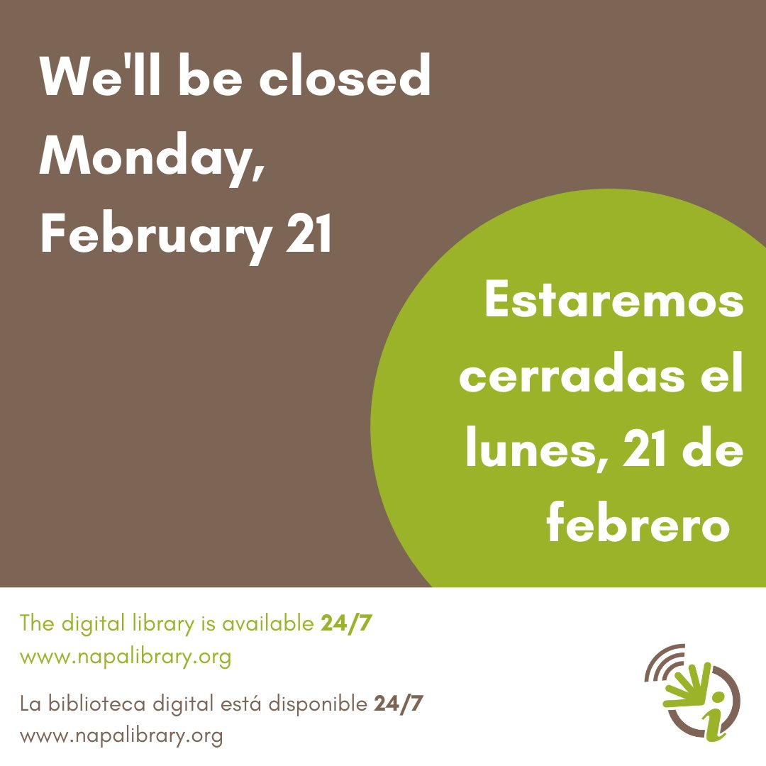 Napa_Library's tweet photo. We'll be closed tomorrow for Presidents' Day.
You can still get ebooks, audiobooks, and more at https://t.co/u8EY0rsvFu
#NapaCountyLibrary #StartHere #PresidentsDay https://t.co/c7EbztlklR