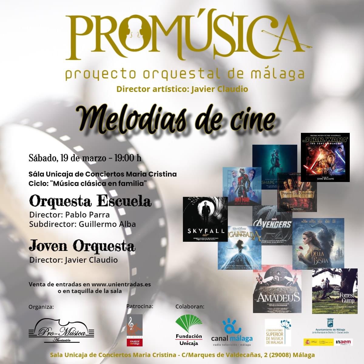 Estamos de vuelta !! 2º concierto del ciclo “Música clásica en familia” con nuestras Orquesta Escuela y Joven Orquesta en Sala María Cristina con las mejores bandas sonoras del cine y proyección de escenas de las películas.
Entradas en unientradas.es o en la taquilla