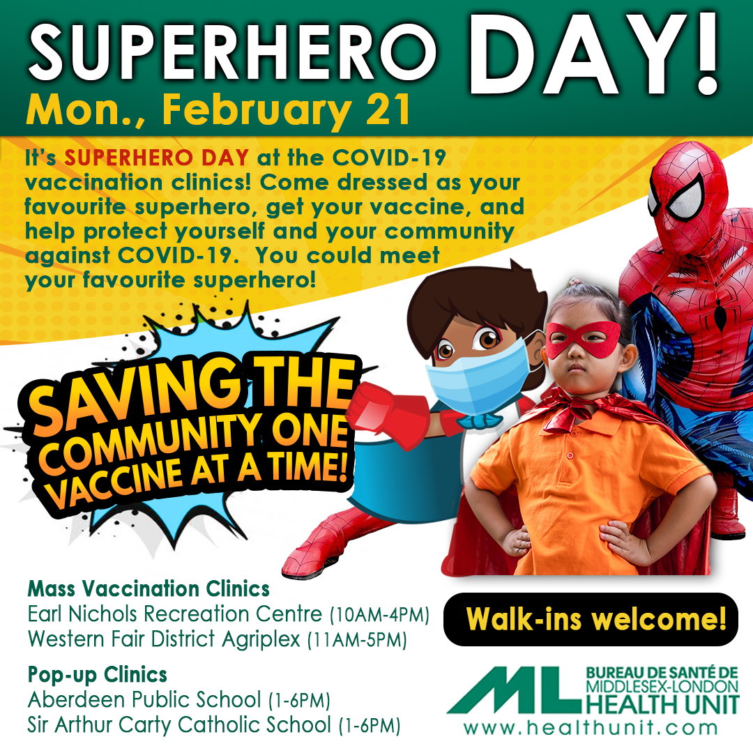 Don’t forget, tomorrow is Superhero Day! Put on your cape and fly on over to one of #MLHU’s COVID-19 vaccination clinics⬇️ Who knows… you might get to meet a real-life superhero!😉