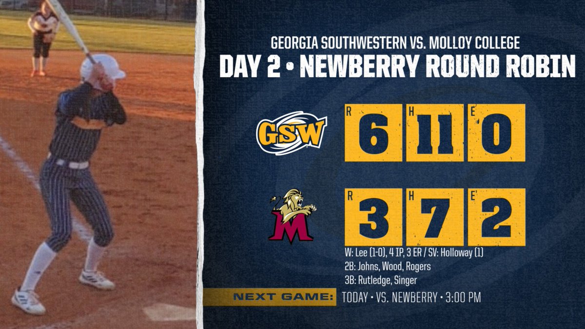 GSWAthletics's tweet photo. CANES WIN! CANES WIN!

@_GSWSoftball has won its first three games at the Newberry Round Robin and completed the two-day sweep of Molloy College out of Rockville Centre, N.Y.

📊 Notables
Katelyn Wood: 3-4, 2B, R
Lacey Rutledge: 2-4, 2 RBI, 3B
Regan Lee: 1st collegiate win https://t.co/M50DuhOnNX