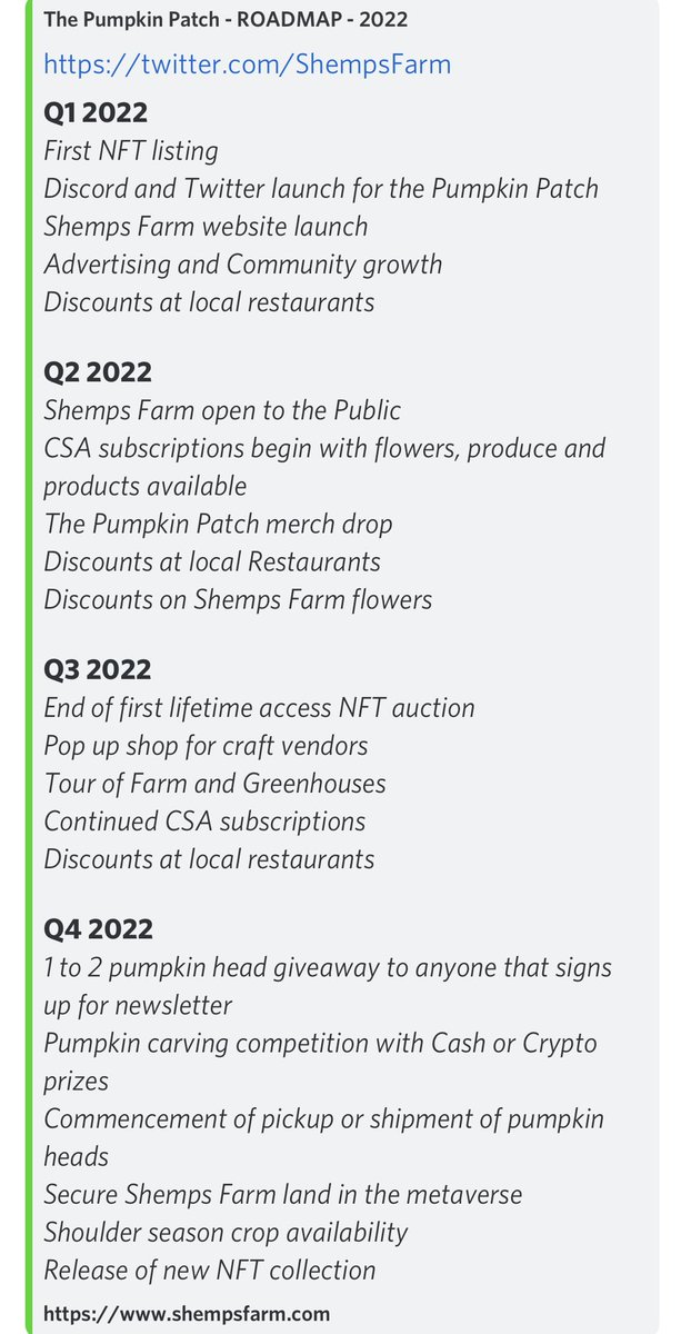 ShempsFarm's tweet photo. #NFT #roadmap for #thepumpkinpatch in 2022. You might want to cop one of the #lifetime access passes for a hedge against the #metaverse ✊ https://t.co/OEFBOkexGZ