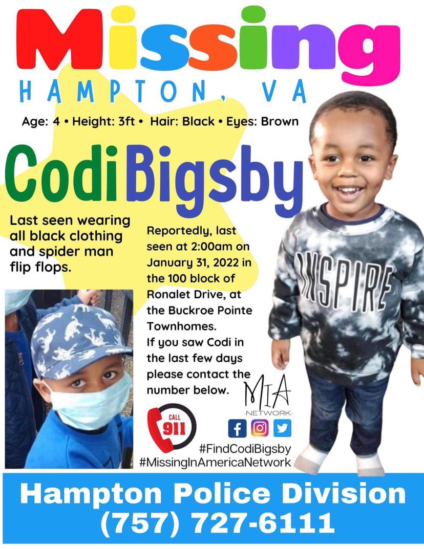 GabbyFind's tweet photo. Please Help Find 4 y/o Codi Bigsby. He was reportedly last seen at 2am on 1/31/22 in the 100 block of Ronalet Dr, at the Buckroe Pointe Townhomes in Hampton, Va. Any with info on his whereabouts are asked to call the Hampton PD 757-727-6111. https://t.co/hgOTaIg4q9