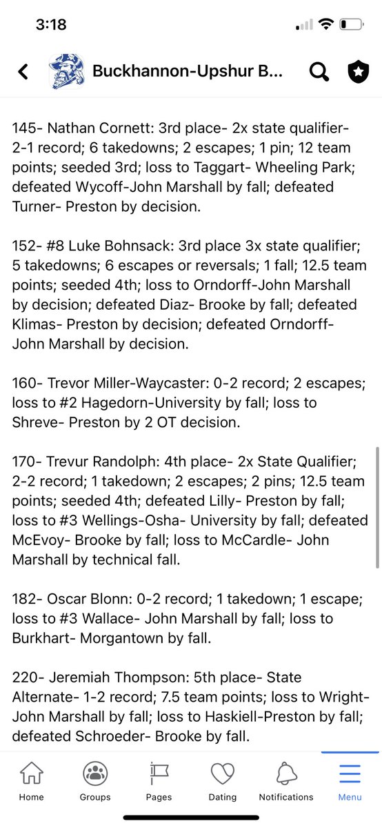 Region 1 tournament

#1 Hurst wins by fall in the finals 😳
#5 Garcia losses in the finals, lots of “fireworks” 😳
Unseeded Ian Cornett (a 1st year 106) places 4th at 113
5th seed Kennedy places 4th
Undersized Randolph places 4th
#8 Bohnsack avenges 1st round loss places 3rd
