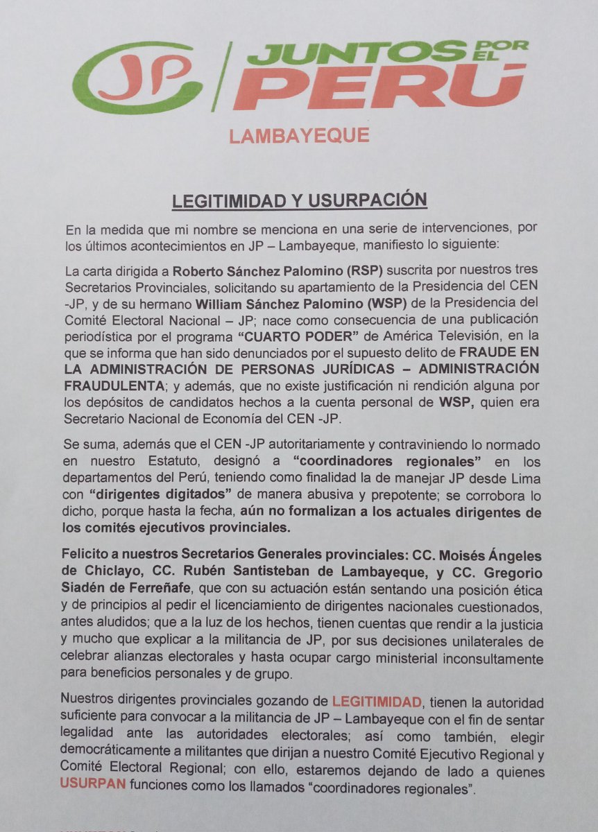 PHPMARCOCARDOSO's tweet photo. La militancia de JP - Lambayeque, pide a ROBERTO SÁNCHEZ PALOMINO, Ministro de MINCETUR, deje la presidencia del partido, investigado por el Ministerio Público, por el supuesto delito de FRAUDE EN LA ADMINISTRACIÓN DE PERSONAS JURÍDICAS - ADMINISTRACIÓN FRAUDULENTA. https://t.co/3JV8WKqicn