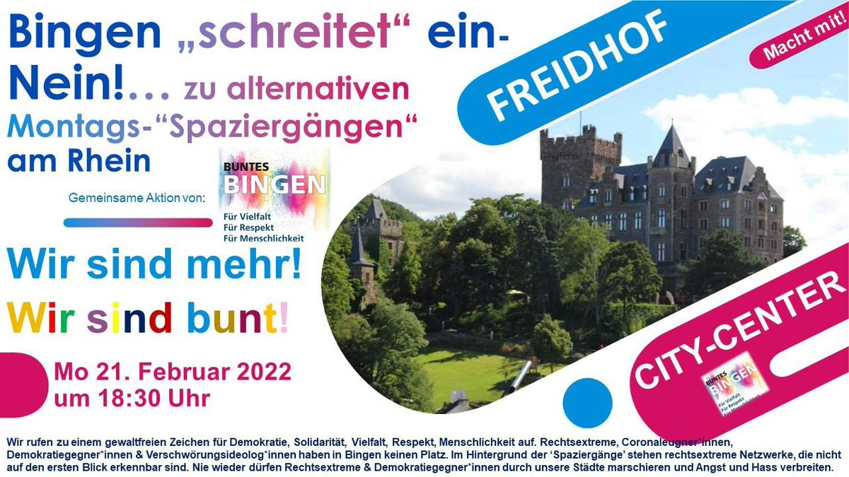 klimaaantifa's tweet photo. Immer wieder Montags in #Bingen...

Unterstützt ab 18:30 die angemeldeten Protestkundgebungen gegen den Montagsspaziergang in #Bingen.

Denkt dran, sie schwurbeln inzwischen in #Bingen -#Büdesheim!

Aufpassen und solidarisch Abstand halten!

#BIN2102
#DankeAntifa
#BuntesBingen https://t.co/H4RTRiCfIm