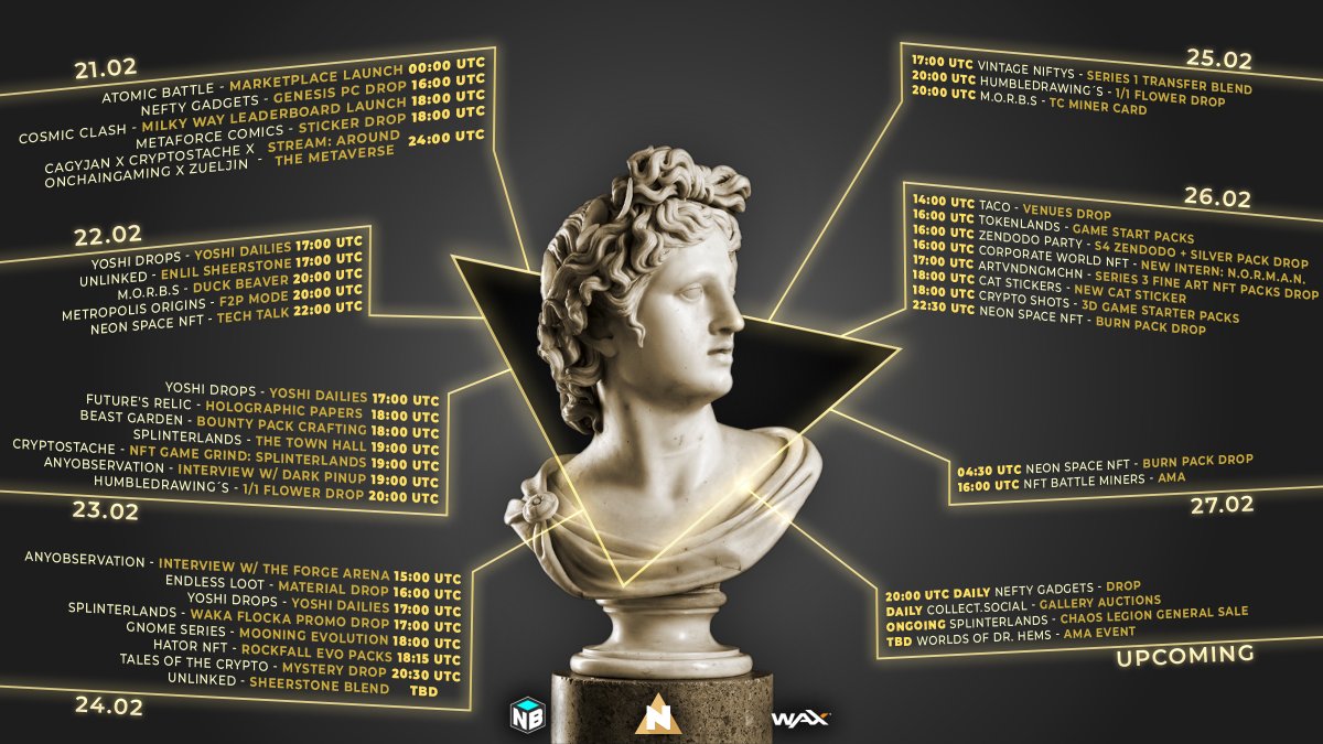 🚨This week's schedule!!🚨

Check out the events, set your alarm, have fun!

━
⏰Event Reminder (GoogleCalendar &amp; Mail): nfthorizon.io
━
👥Comm. Channel of Brands: nfthorizon.io/february-21-fe…
━
<a href="/WAX_io/">WAX</a> <a href="/neftyblocks/">NeftyBlocks</a>
#NFTs #NFTDROPS #NFTCommunity #NFTartists #nftcollector