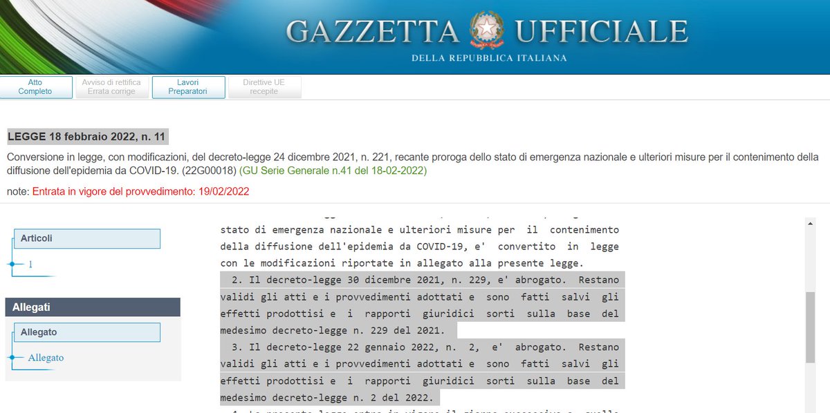 s_t3fan0's tweet image. 🚩QUALCUNO MI SPIEGHI QUESTO, PER CORTESIA🚩
Il D.L. 229/2021, che estende l’uso del #GPrafforzato ad #alberghi e #ristorazione all’aperto
RISULTA ABROGATO IN #GAZZETTAUFFICIALE, LEGGE 18 febbraio 2022, n. 11 
per poi dire "Restano
validi gli atti e i provvedimenti adottati" ?