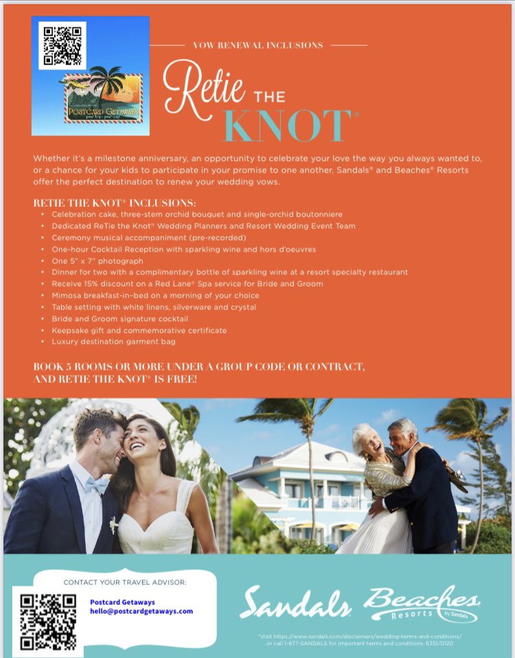 Retie the knot in paradise! Renew your vows with a ceremony at a Sandals or Beaches resorts for only $300! Who’s ready to say #IDo and #booknow? #Anniversary #sundayvibes #beach #sandalsresorts #beaches #retietheknot #vowrenewal #wedding