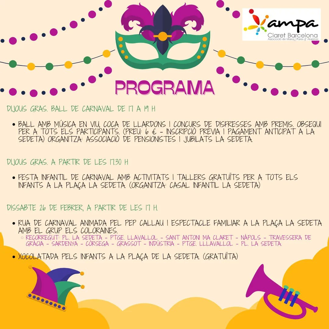 Benvolgudes famílies,
🎊🎉 Dijous 17.30. Festa infantil plaça La Sedeta. (Organitza: Casal Infantil La Sedeta)
🧑‍🎤 *Dissabte 26, 17 h. (Trobada: C. Sicília/C. Pare Claret). Rua animada pel Pep Callau i espectacle familiar amb el grup Els Coloraines.

☕🍪 *Xocolatada pels infants.