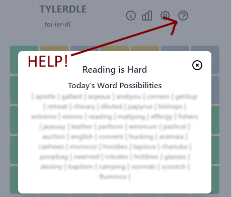 bearsarefast's tweet photo. @linorulli If your brain doesn't quite speak Muppet and you need some help, a new "Hint" feature has been added.  Click on the (?) to get a list of possible solutions!
#TYLERDLE https://t.co/Ik6aK903gG