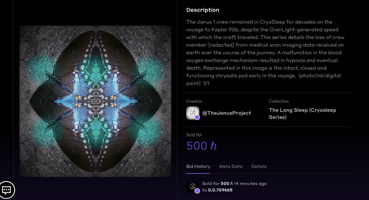 JanusProjectNFT's tweet image. SOLD. 

500 #HBAR. Many thanks, @Jbazz74! Welcome to Kepler 90b. Your piece is in the book coming soon…

👩‍🚀🪐🙏

#NFT #nftcollector #artnft #HBARNFT #HederaNFT #scifiart #cryptoart #scifi #nftworlds #CleanNFT #HBARbarians @HashAxis