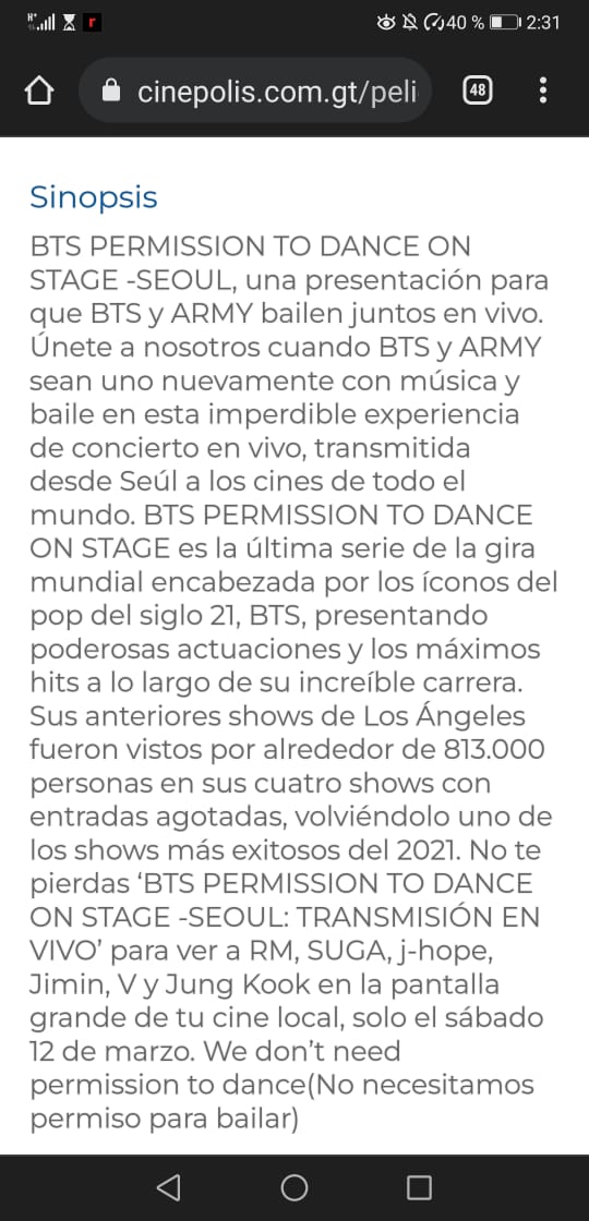 GuatemalaArmyB1's tweet photo. Hola @CinepolisGT nos hemos percatado que en la sinopsis de "BTS PERMISSION TO DANCE ON STAGE - SEOUL", no ha sido agregado el nombre de JIN.

Agradeceríamos corrijan este error lo antes posible, ya que son 7 integrantes

RM, Jin, Suga, j-hope, Jimin, V y Jungkook

¡Gracias! https://t.co/ERfLwTisH9