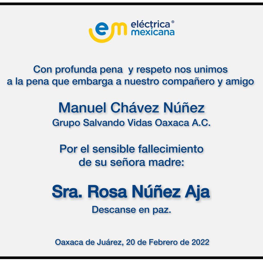 La familia Eléctrica Mexicana le abrazamos con el corazón querido amigo Dn Manuel Chávez. 

Deseamos que encuentren pronta resignación. 

<a href="/gsvoax/">SALVANDO VIDAS OAXACA A.C.</a> <a href="/FundElectricaM1/">@FundElectricaMexicana</a> <a href="/SamFdz1/">Sam FG</a> <a href="/RaulRuizRobles/">Raul Ruiz Robles</a>
