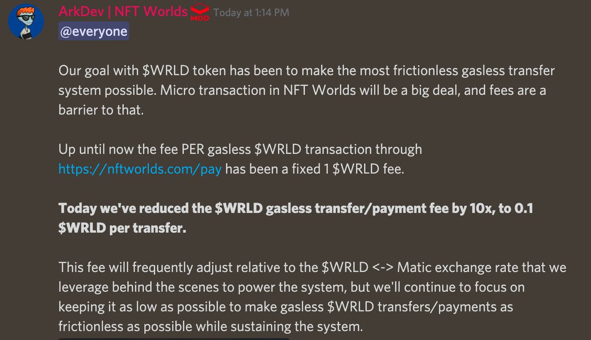 We've just made $WRLD even more frictionless by reducing the gasless transfer/payments fee by 10x. 

From a fee of 1 $WRLD per transfer to now 0.1 $WRLD per transfer. 

nftworlds.com/pay