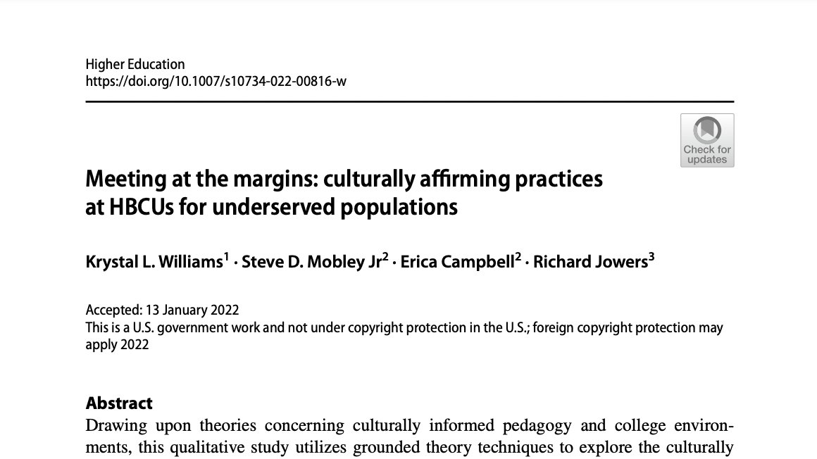 EdPolicyEquity's tweet photo. This study uses theories regarding culturally affirming ed #practices & inst contexts to examine how #HBCUs create culturally affirming environments that meet the needs of students whose marginalization extends beyond their #racial/#ethnic backgrounds.
#EdPERC #HBCUResearchCollab https://t.co/Ps0FPETMB4