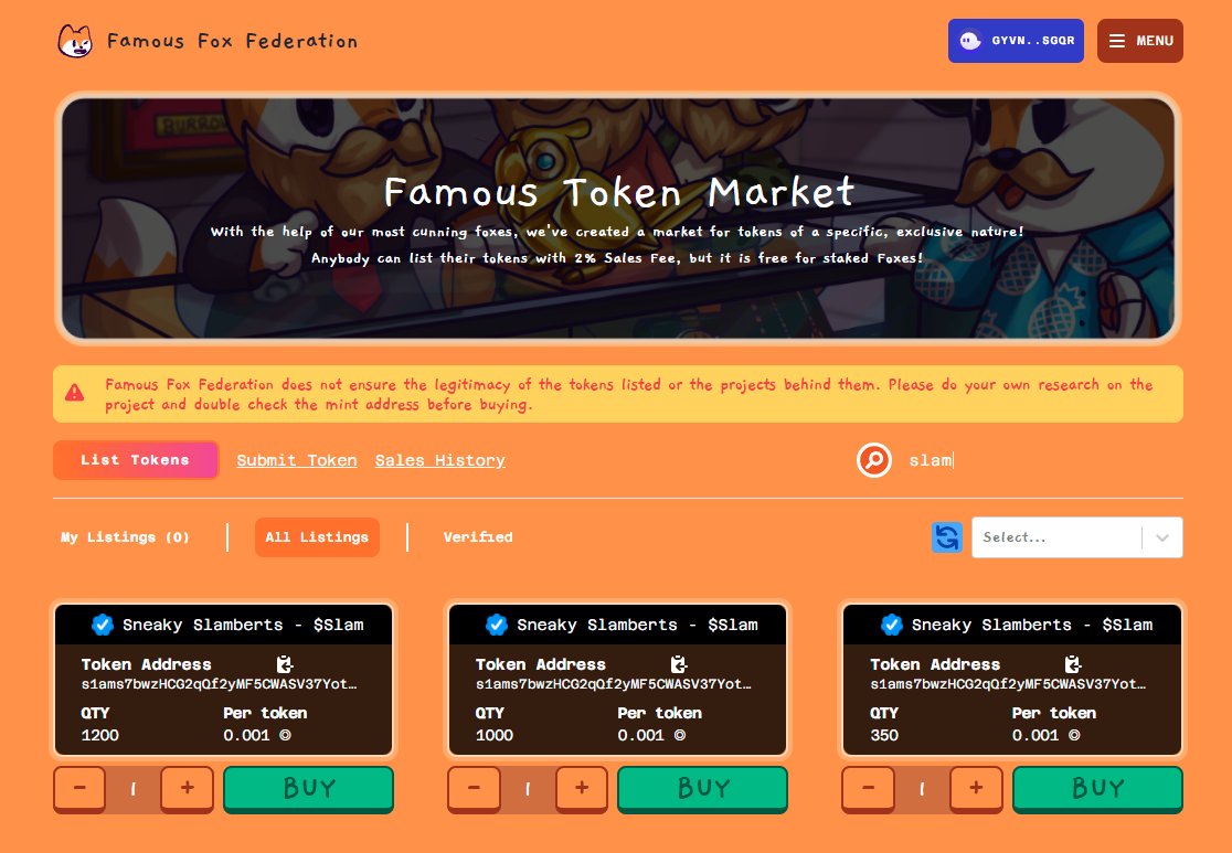 SneakySlamberts's tweet photo. If you have too much (or too little) $SLAM, it is now possible to sell and buy on the Famous Token Market. Thank you for verifying us, @FamousFoxFed ♥️.

Better stack up before our first expansion, unValuables, is dropping.

https://t.co/91PL1JJ81J https://t.co/IbWjyolse2