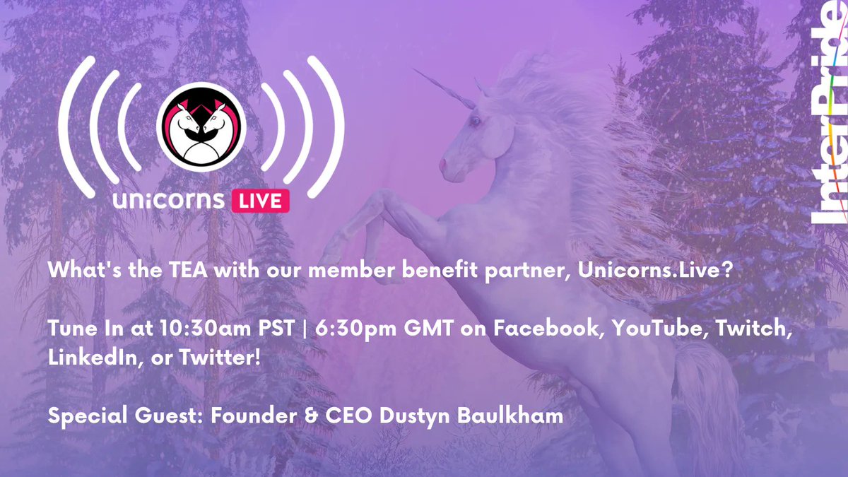 InterPride's tweet image. Tune In at 10:30am PST | 6:30pm GMT on Facebook, YouTube, Twitch, LinkedIn, or Twitter! Special Guest: Founder &amp;amp; CEO Dustyn Baulkham. Learn more about our Unicorns.LIVE here: bit.ly/3I7U1TF
#interpride #rebelliousunicorn #unicornslive #lgbt #lgbtq #lgbtqia