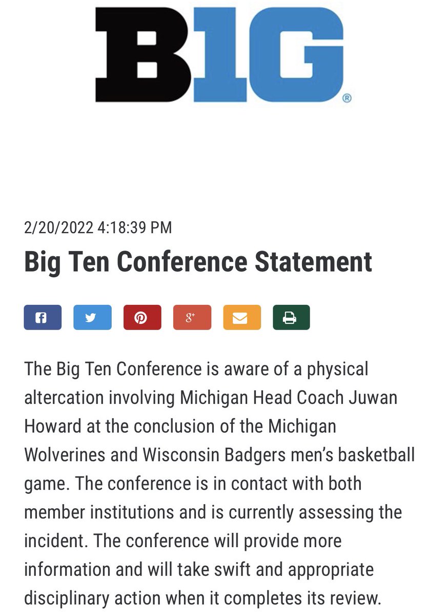 BradGalli's tweet photo. Big Ten statement on Juwan Howard after Michigan - Wisconsin: https://t.co/HW4jYZ5vJV