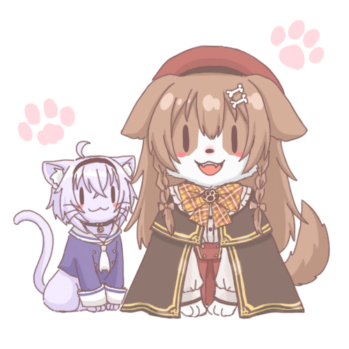 戌神ころね ,猫又おかゆ 「🏫
#できたてころね 
#絵かゆ
#おかころ 」|裕司‧威爾斯(ウェルシュ)のイラスト