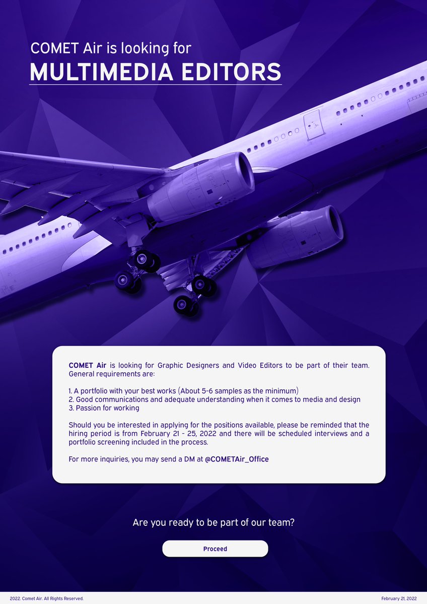 ㅤ

Come and take the leap, dreamer!

Today marks the anticipated launch of COMET's first stage of hiring leading up to Phase Four. Open positions are indicated below, along with a few information you will need.

Apply: tinyurl.com/TheAirline
ㅤ
ㅤ