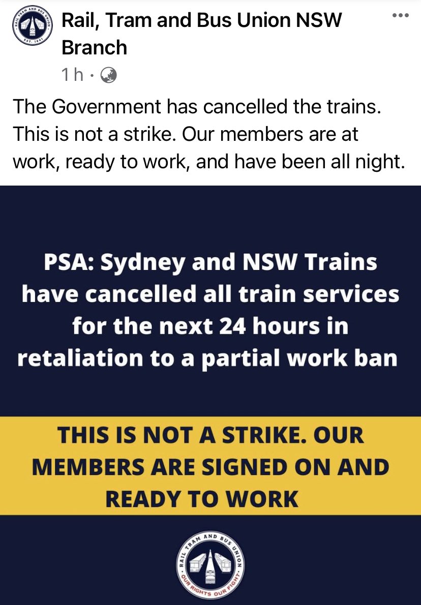 unionsaustralia's tweet photo. Rail cancellations in NSW are due to the NSW Government’s decision to shut the train network, and not the action of rail workers.
https://t.co/iOgNrqyEqq https://t.co/MCBzejIm4x