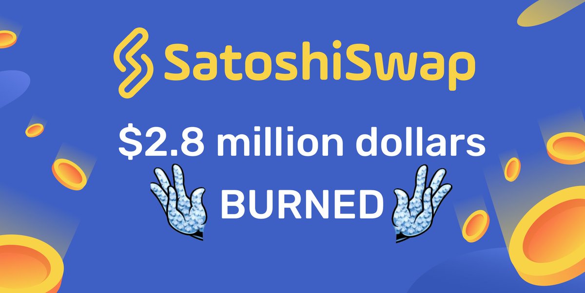 SatoshiSwapHQ's tweet photo. It's business as usual here at @SatoshiSwapHQ as we just burned $2.8 MILLION DOLLARS worth of #SatoshiSwap, permanently reducing the token supply and at the same time increasing it's scarcity! 🔥🔥🔥
Curious about what we're doing? Check us out: https://t.co/BFxNjFi5kQ 👈 https://t.co/23afVYzwV9
