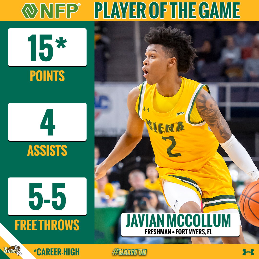 Siena Basketball (@sienambb) on Twitter photo Fresh balled out today
A career-high 15 points to go along with 4 assists (0 turnovers) in 30 minutes secures <a href="/javian_0/">Javian Mccollum</a> <a href="/nfp/">NFP, an Aon company</a> #SienaSaints #PlayeroftheGame honors
#MarchOn Fresh balled out today
A career-high 15 points to go along with 4 assists (0 turnovers) in 30 minutes secures <a href="/javian_0/">Javian Mccollum</a> <a href="/nfp/">NFP, an Aon company</a> #SienaSaints #PlayeroftheGame honors
#MarchOn