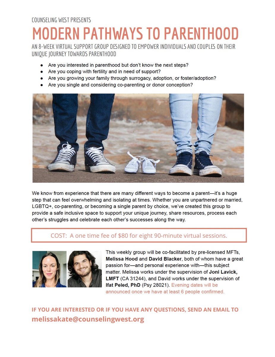 GaysWithKids's tweet image. CALLING ALL WANNA-BE DADS IN CA—Modern Pathways To Parenthood is a new virtual therapy group designed to support your unique journey, share resources, process each other’s struggles and celebrate each other’s successes. Email melissakate@counselingwest.org for more info.