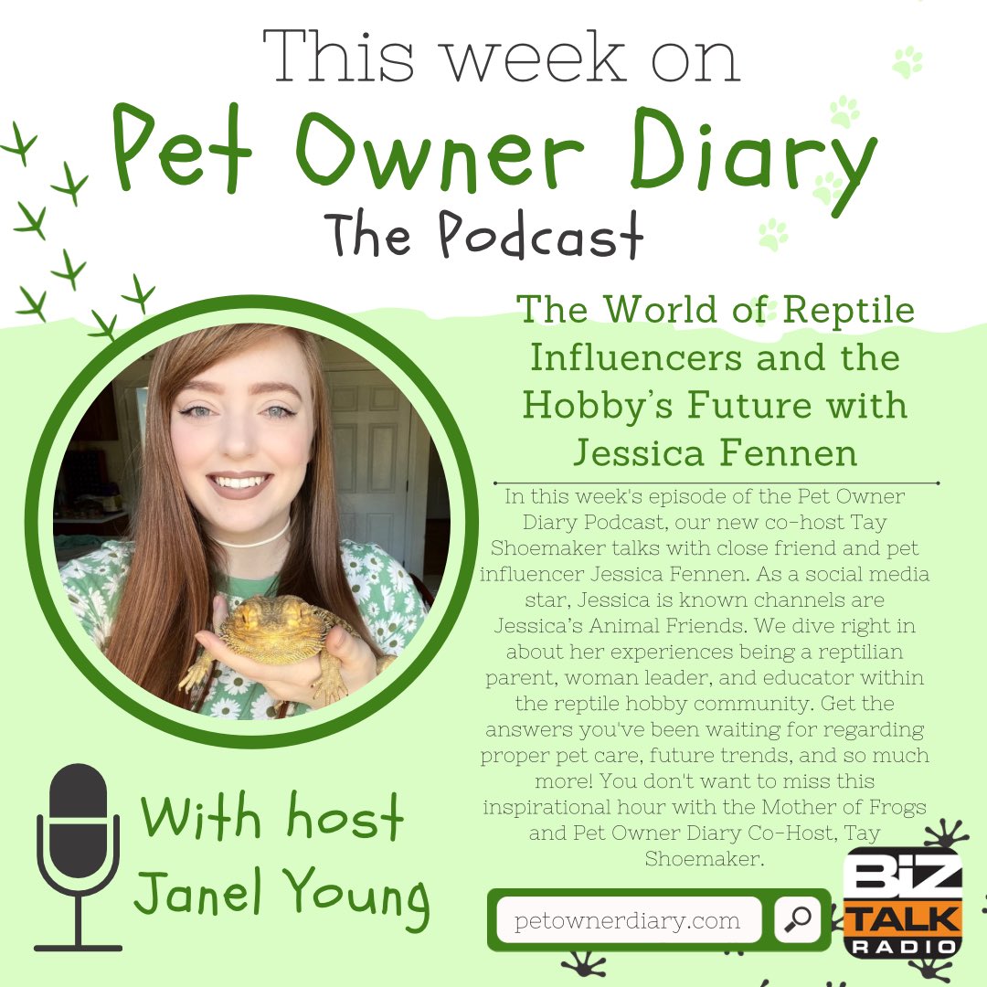 petownerdiary's tweet photo. Live now on the @biztalkradio website as well as our own! New co-host Tay Shoemaker talks with @JessicaFennen about the reptile influencer world. Check it out link in bio 😍🦎 https://t.co/FDgjvAM7c7