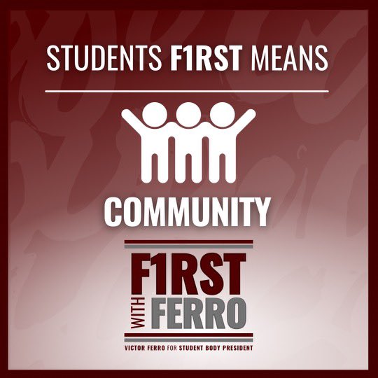 vjferro22's tweet photo. ➡️ Introducing the FIRST pillar of the #FirstWithFerro platform: COMMUNITY 👍🏽

Learn more about how I plan to put student needs 1️⃣st with Ferro through: 
•Student Organization Autonomy
•Sustainability
•Violence Prevention
•Reduce Waste
•Tradition https://t.co/XHR13ikIkn