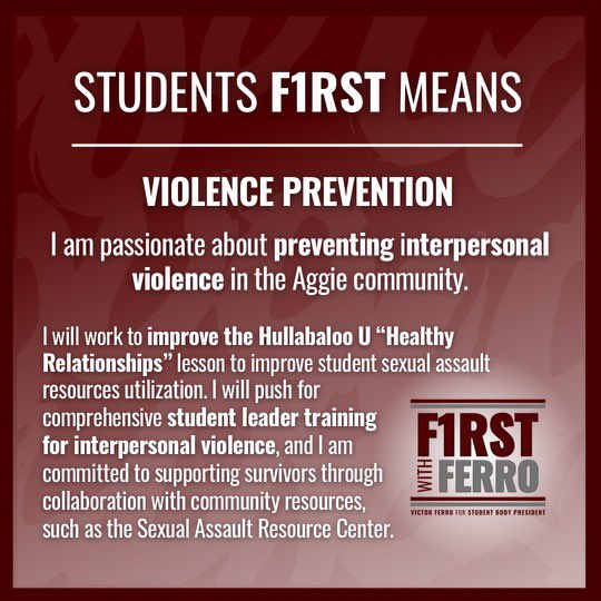 vjferro22's tweet photo. ➡️ Introducing the FIRST pillar of the #FirstWithFerro platform: COMMUNITY 👍🏽

Learn more about how I plan to put student needs 1️⃣st with Ferro through: 
•Student Organization Autonomy
•Sustainability
•Violence Prevention
•Reduce Waste
•Tradition https://t.co/XHR13ikIkn
