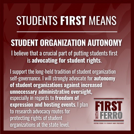 vjferro22's tweet photo. ➡️ Introducing the FIRST pillar of the #FirstWithFerro platform: COMMUNITY 👍🏽

Learn more about how I plan to put student needs 1️⃣st with Ferro through: 
•Student Organization Autonomy
•Sustainability
•Violence Prevention
•Reduce Waste
•Tradition https://t.co/XHR13ikIkn